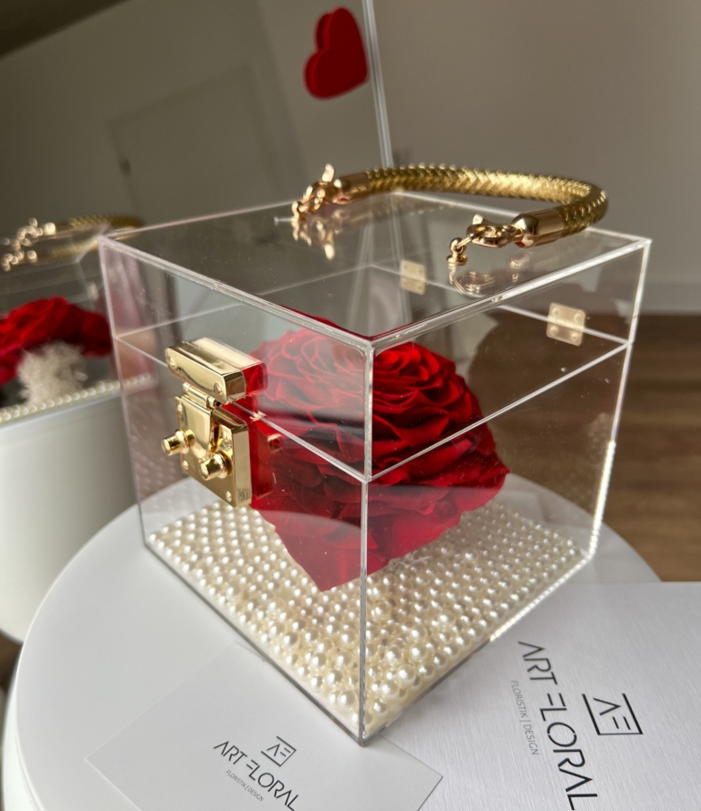 Dauerhafte rote Rose im transparenten Acryl Cube