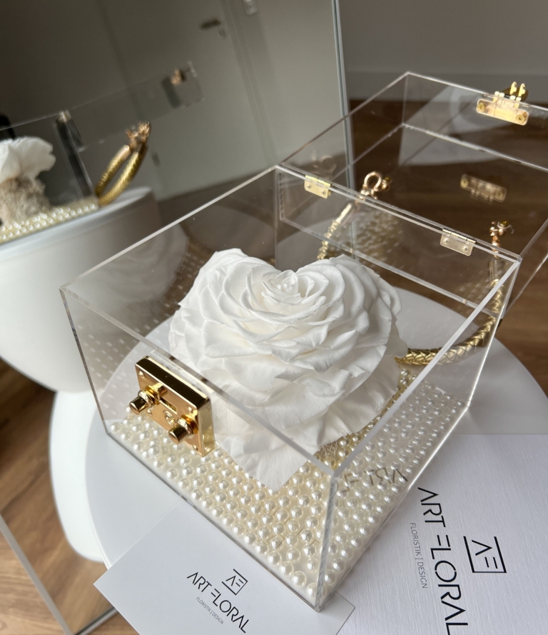 Dauerhafte Rose in transparentem Acryl Cube