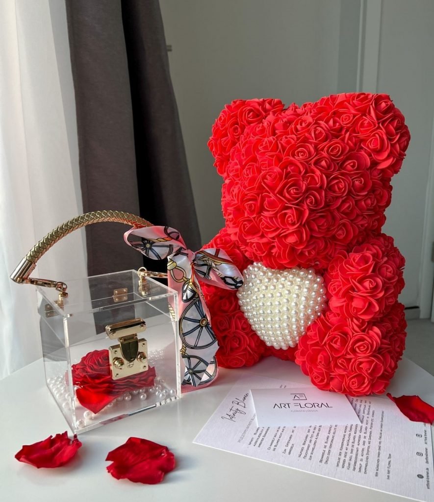 Ewige Rose im Acrylic Cube & Rosenbär rot