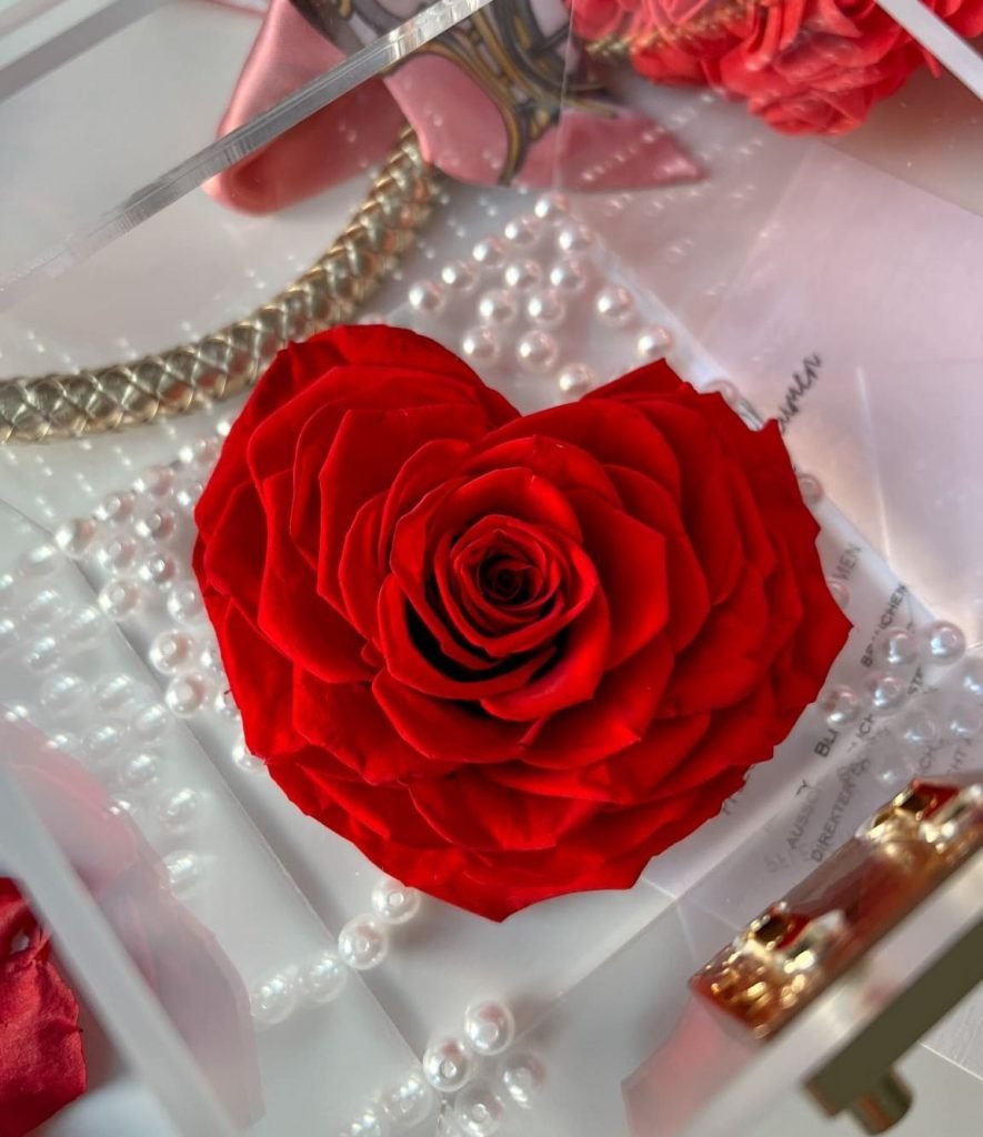 Ewige Rose im Acrylic Cube & Rosenbär rot