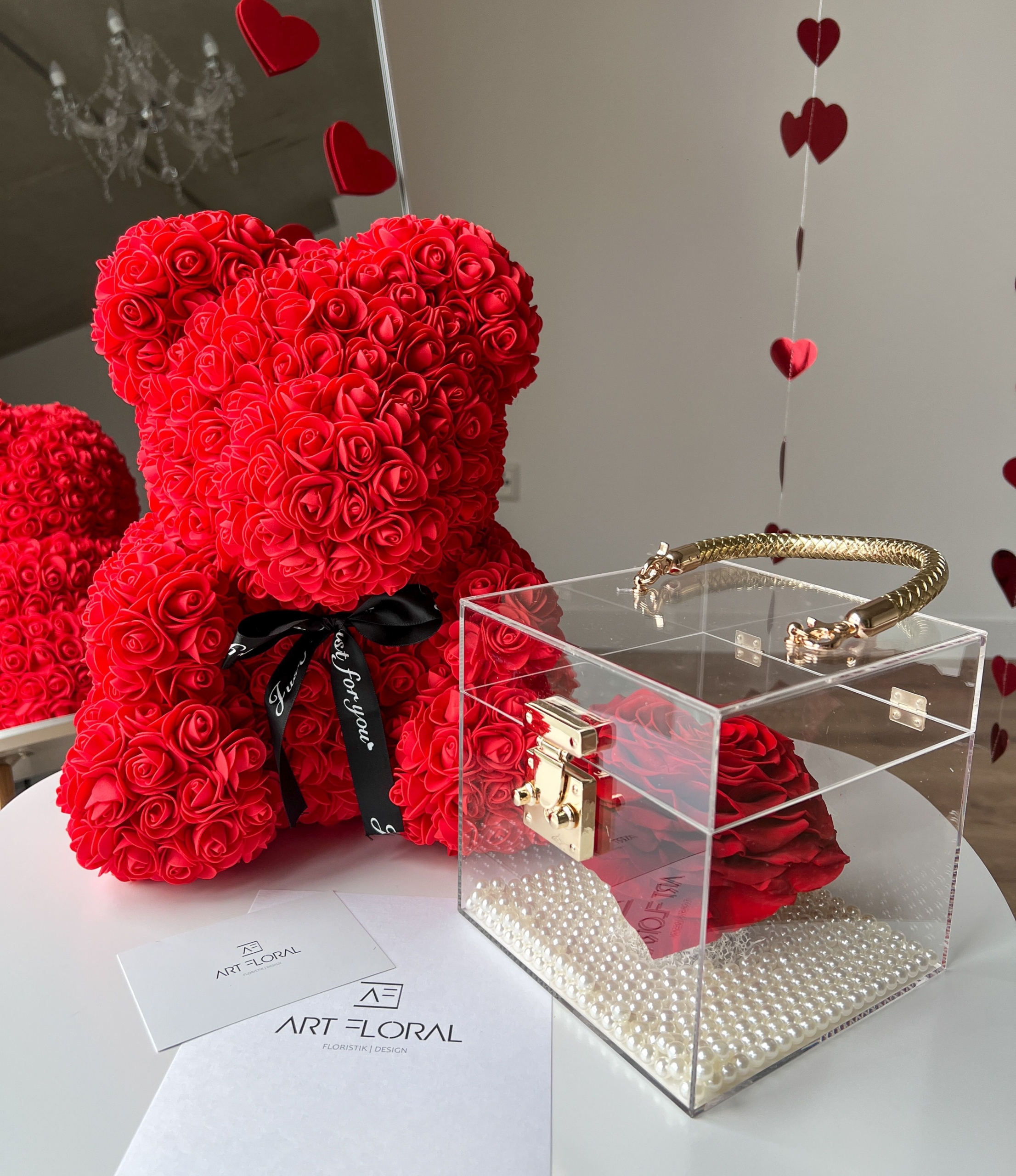 Geschenkset Ewige Rose im Acryl Cube & Rosenbär Rot