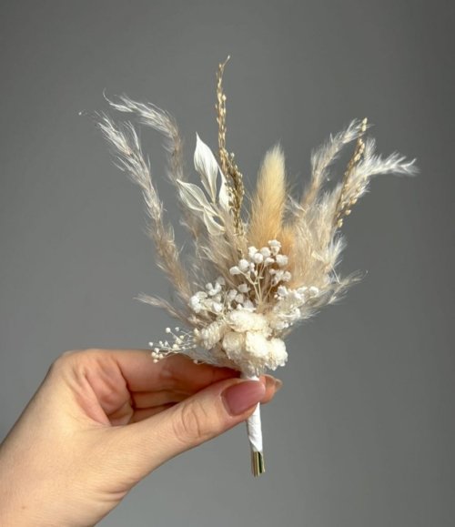 Bräutigam Boutonniere Weiß-Beige aus Trockenblumen