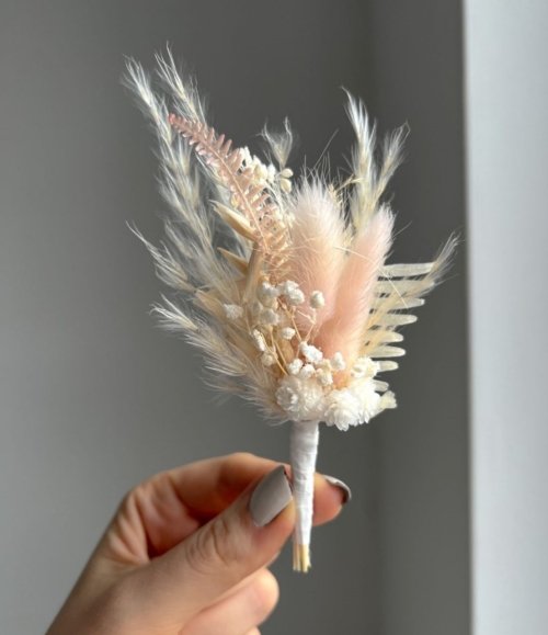Bräutigam Boutonniere Weiß Rosa aus Trockenblumen
