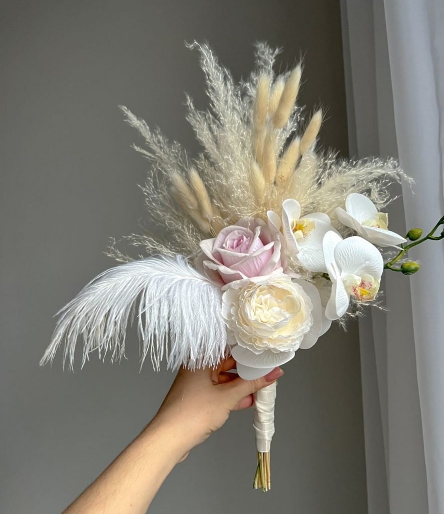 Kunstblumen Brautstrauß “Paradiesvogel” inkl. Boutonniere