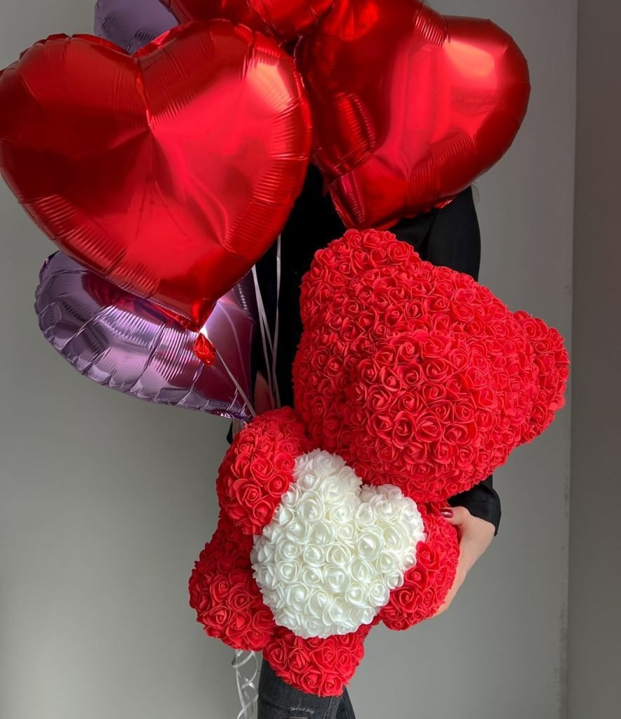 Rosenbär rot mit Herz L & Helium Herz Ballons Set