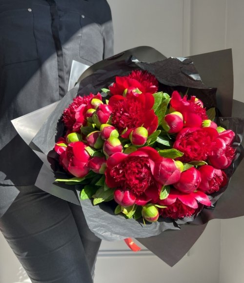 Dunkelrote Pfingstrosen im eleganten Blumenstrauß in schwarzer Verpackung
