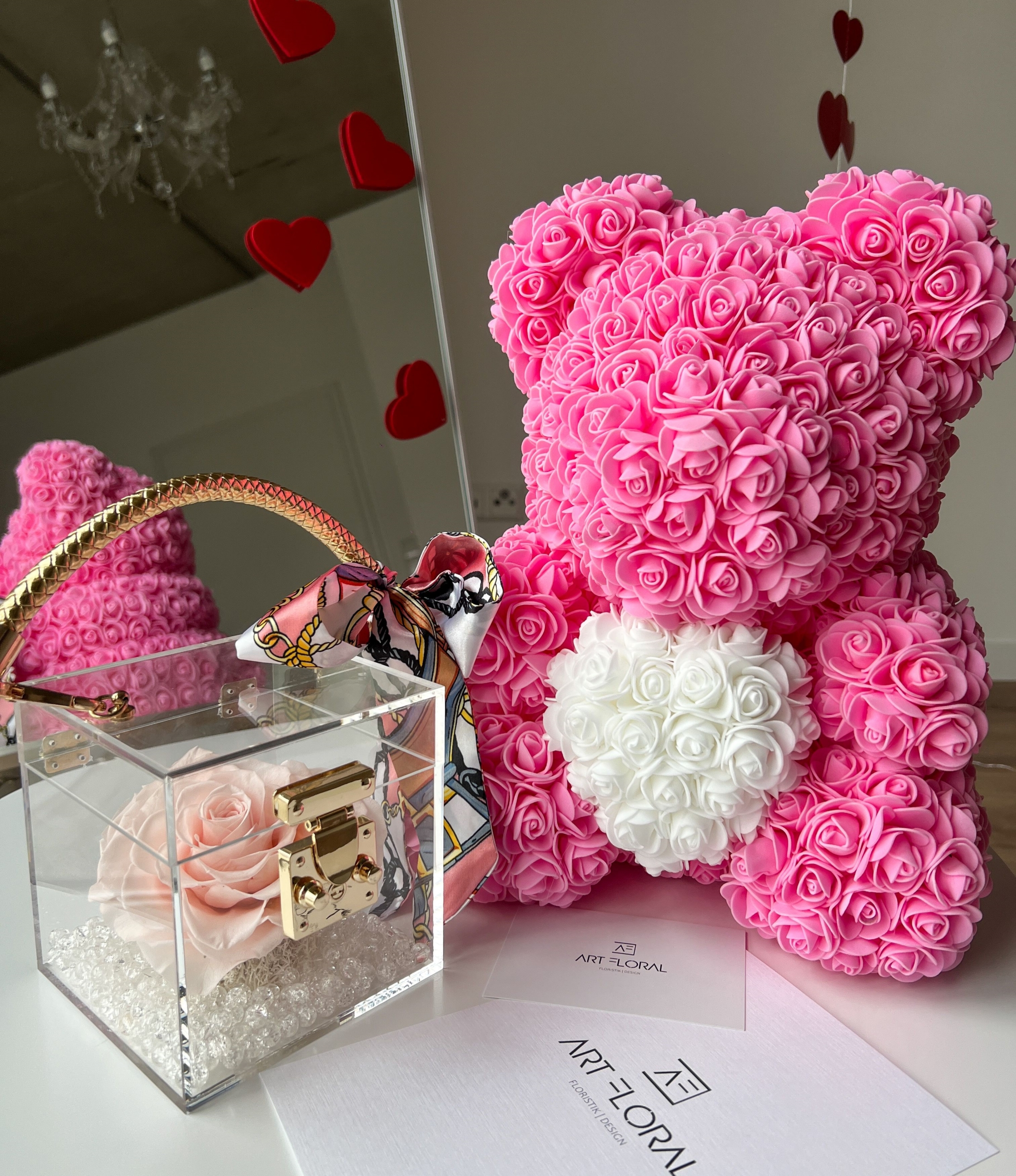 Geschenkset Ewige Rose im Acryl Cube & Rosenbär Rosa