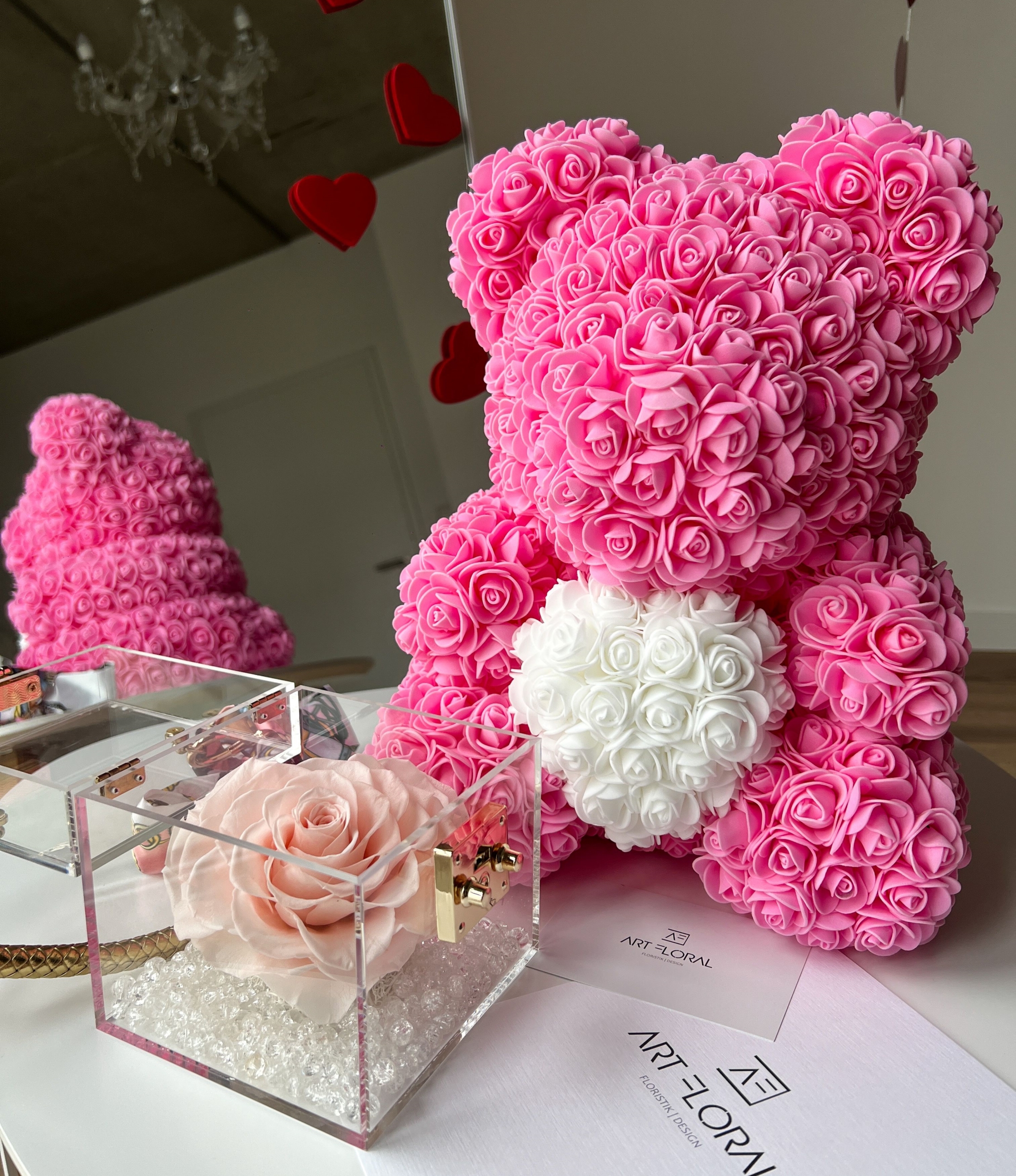 Geschenkset Ewige Rose im Acryl Cube & Rosenbär Rosa