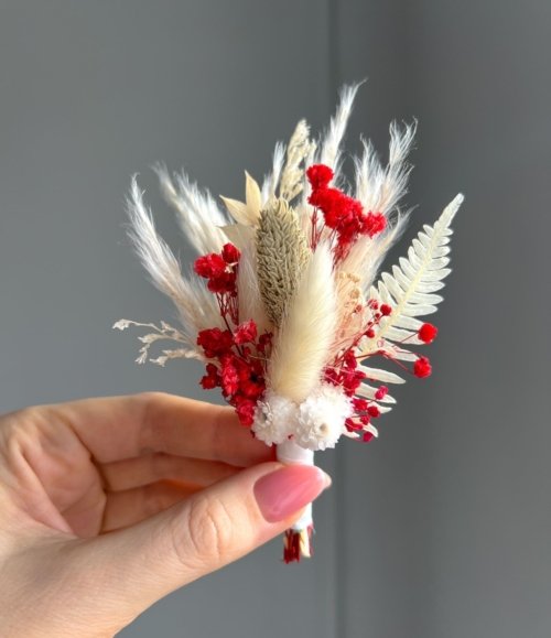 Bräutigam Boutonniere Rot Weiß aus Trockenblumen