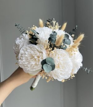 Hochzeitsstrauß aus Kunstblumen – Pfingstrosen, Eukalyptus & Trockenblumen Kombination