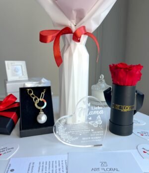 Muttertags-Geschenkset - Blumenstrauß, Schmuck, Infinity Rose, Kerze, Herz