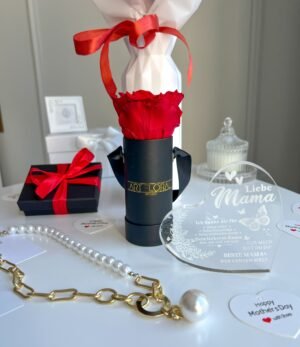 Muttertags-Geschenkset - Blumenstrauß, Schmuck, Infinity Rose, Kerze, Herz