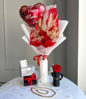 Muttertags-Geschenkset - Blumenstrauß, Schmuck, Infinity Rose, Kerze, Herz