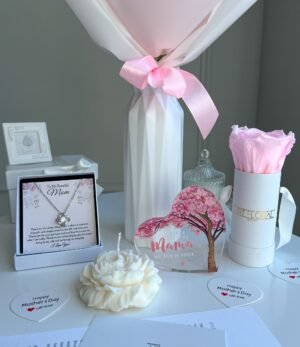 Muttertags-Geschenkset aus Trockenblumenstrauß, Schmuck und Deko