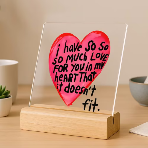 Acryltafel mit Botschaft „so much love“ auf Holzunterlage