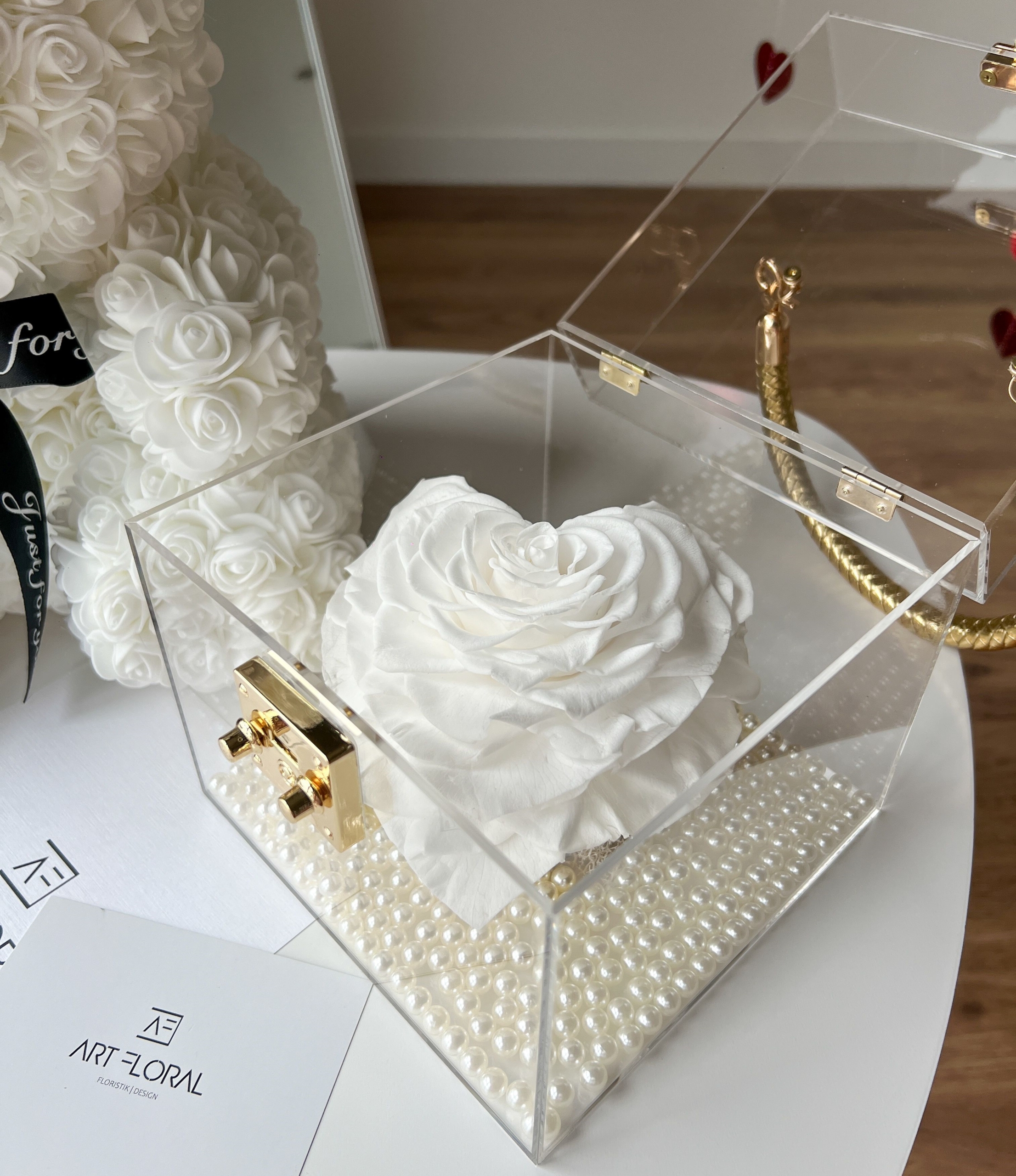 Geschenkset Ewige Rose im Acrylic Cube & Rosenbär