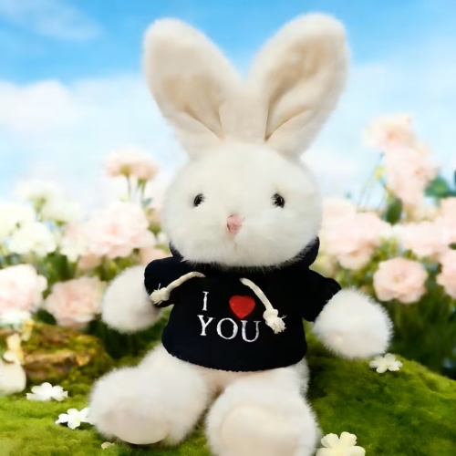 Weißer Plüschhase „I Love You“ mit blauem Pullover – 40 cm