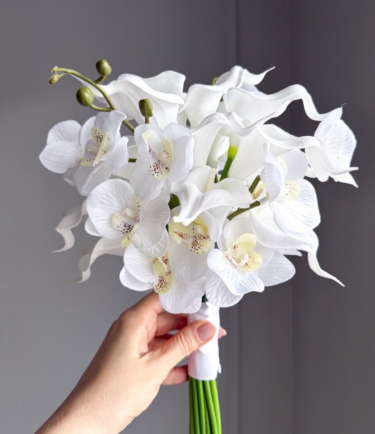 Kunstblumen Brautstrauß „Calla & Orchideen“ mit weißen Blüten