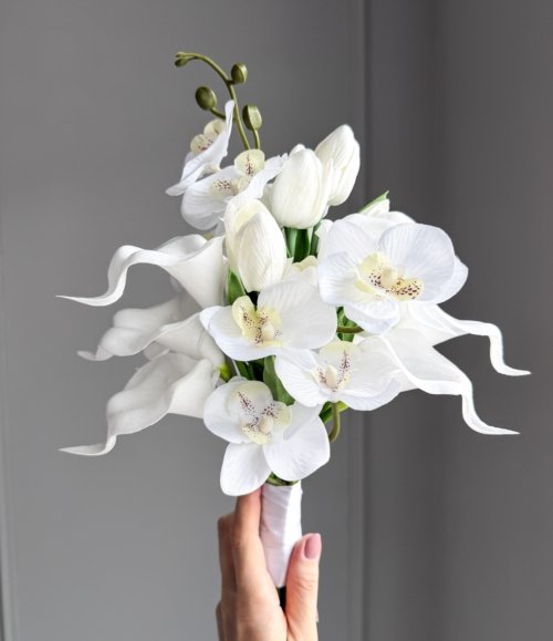 Kunstblumen Brautstrauß „Orchideen Hochzeit“ mit weißen Orchideen und Calla